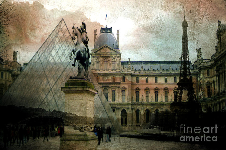 Paris Louvre Museum Photograph - Paris Louvre Museum Pyramid Architecture - Eiffel Tower Photo Montage of Paris Landmarks by Kathy Fornal