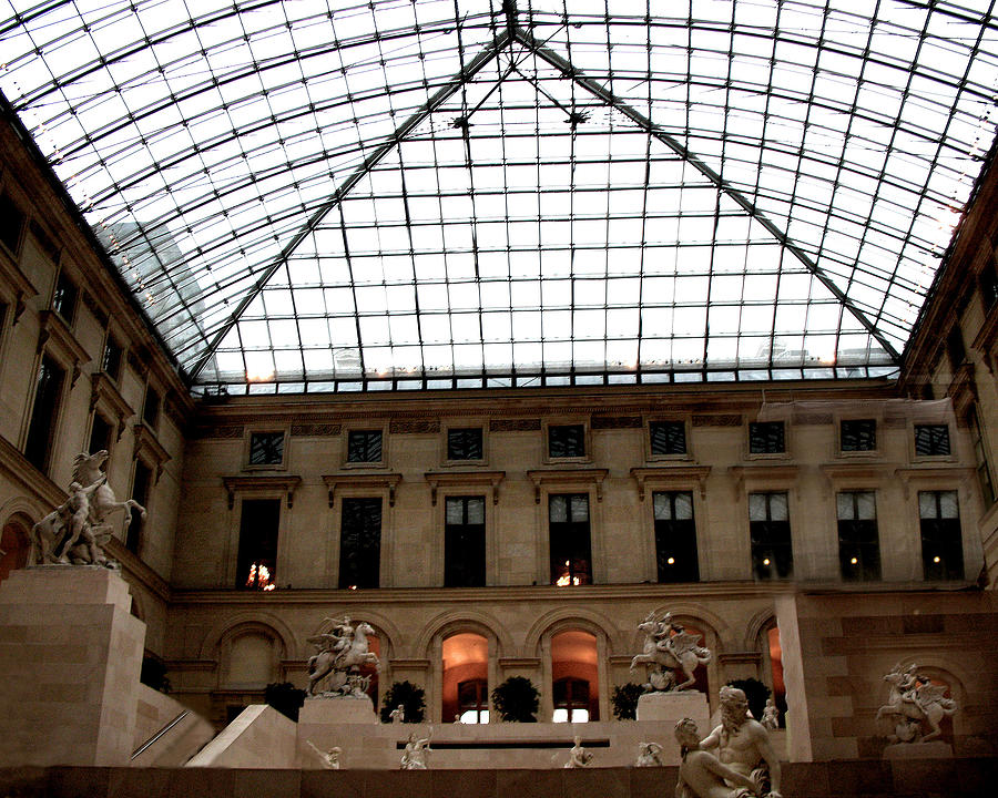 Paris - Louvre Museum Pyramid - Louvre Sky Pyramid Sculpture Statues Photograph by Kathy Fornal