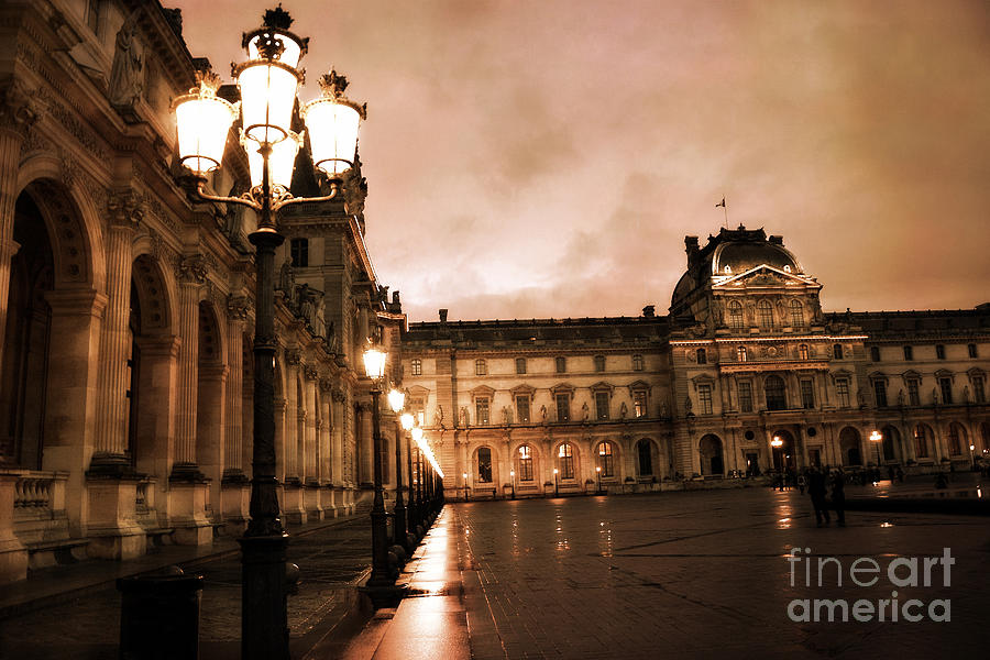 Paris Louvre Museum Sepia Night Lights Street Lamps - Paris Sepia Louvre Museum Night Photography Photograph by Kathy Fornal