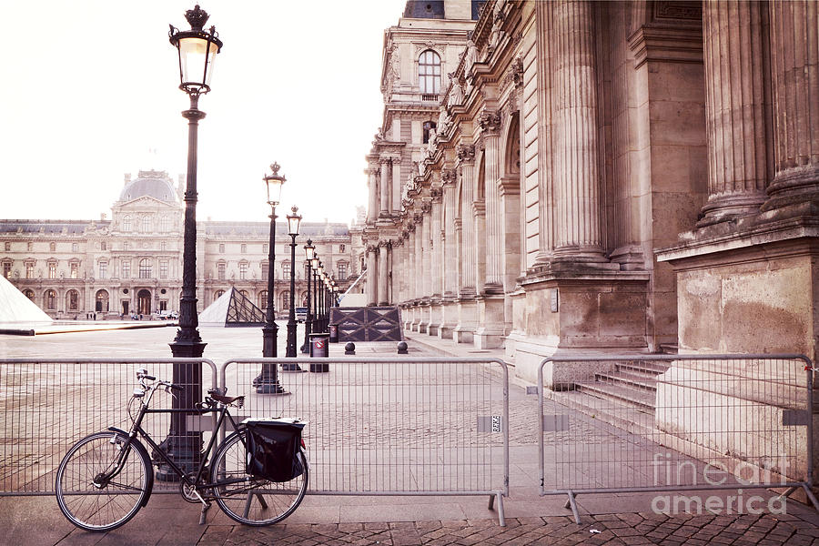 Paris Louvre Museum Street Lamps Bicycle Street Photo - Paris Romantic Louvre Architecture  Photograph by Kathy Fornal