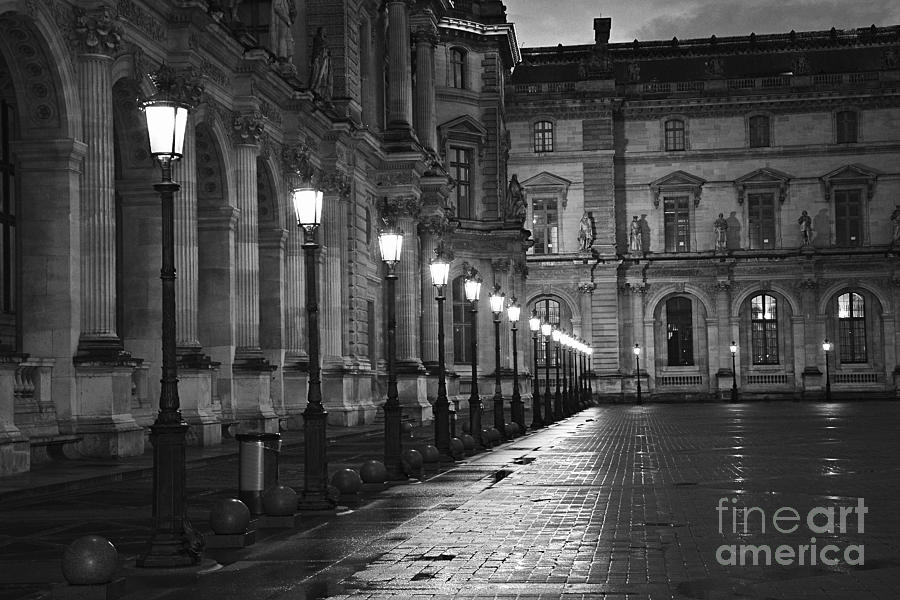 Paris Louvre Museum Street Lanterns Lamps - Paris Black and White Louvre Museum Street Lamps Photograph by Kathy Fornal