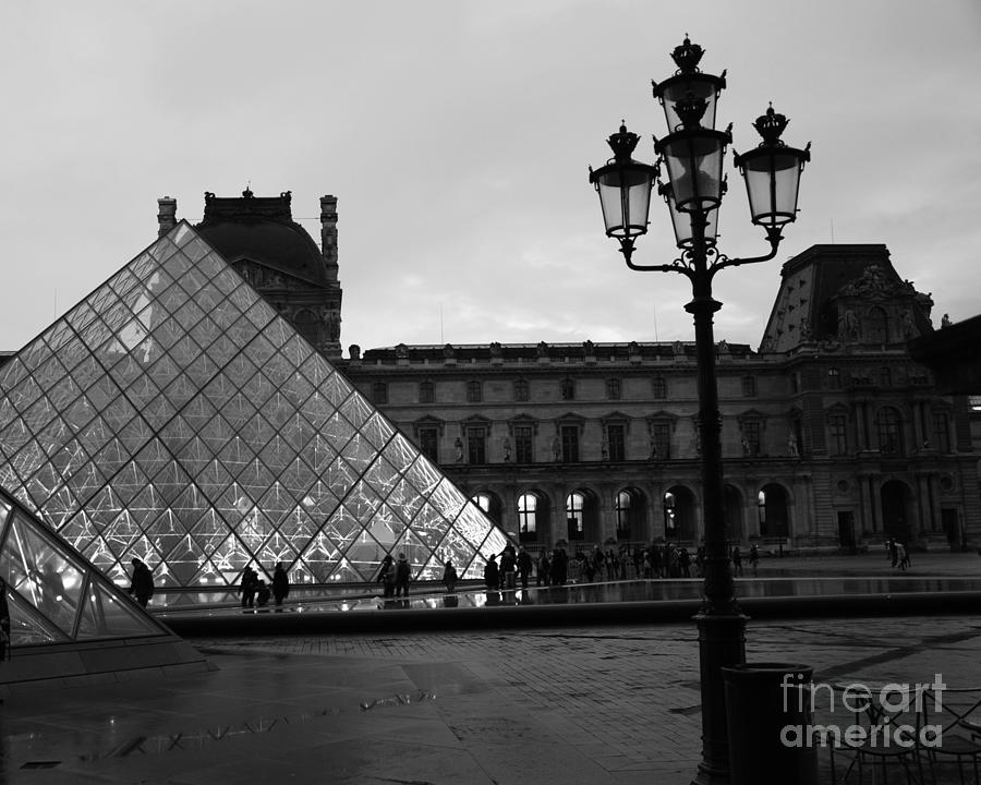 Paris Photograph - Paris Louvre Pyramid Black and White Fine Art Print - Louvre Musem Pyramid With Lanterns by Kathy Fornal