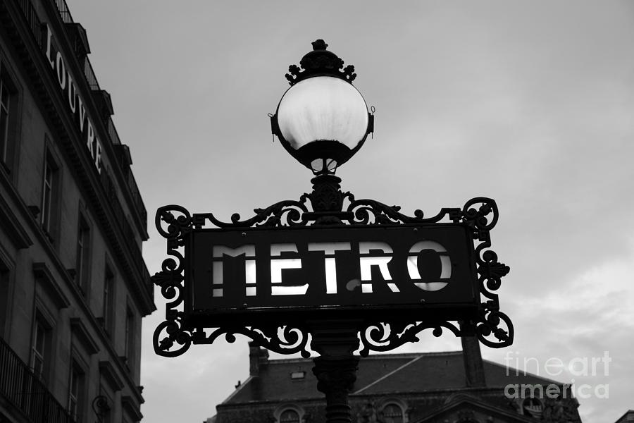 Paris Photograph - Paris Metro Sign Black and White Art - Ornate Metro Sign at the Louvre - Metro Sign Architecture by Kathy Fornal