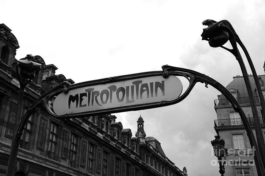 Paris Metro Sign Louvre Museum - Paris Metropolitain Sign Black and White Art Nouveau - Paris Metro Photograph by Kathy Fornal