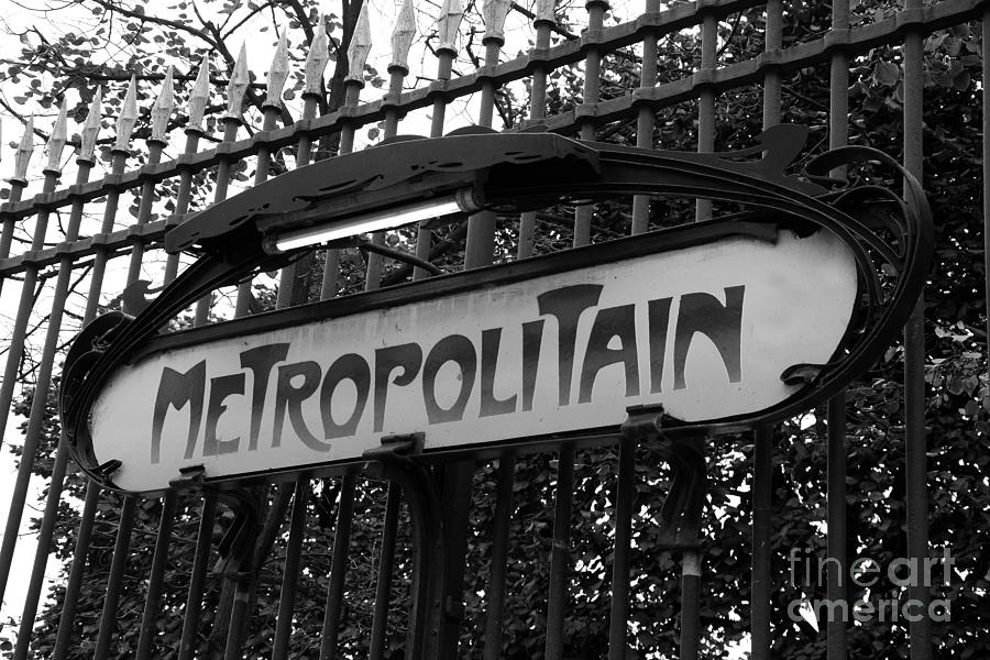 Paris Metropolitain Sign - Paris Metro Signs Black and White Photography - Paris Metro Sign On Gate Photograph by Kathy Fornal