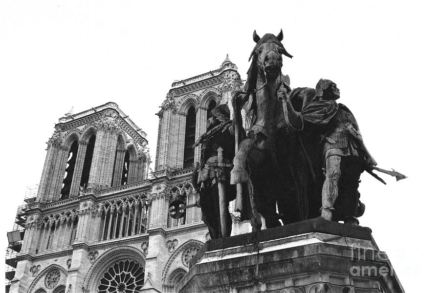 Paris Notre Dame Cathedral Monument - Charlemagne Horses Statue at Notre Dame Cathedral  Photograph by Kathy Fornal