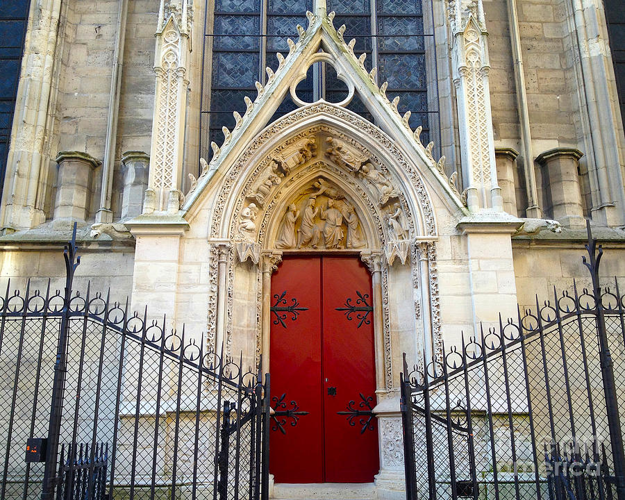 Paris Notre Dame Cathedral Red Ornate Door - Notre Dame Cathedral Door Window Gate Architecture Photograph by Kathy Fornal