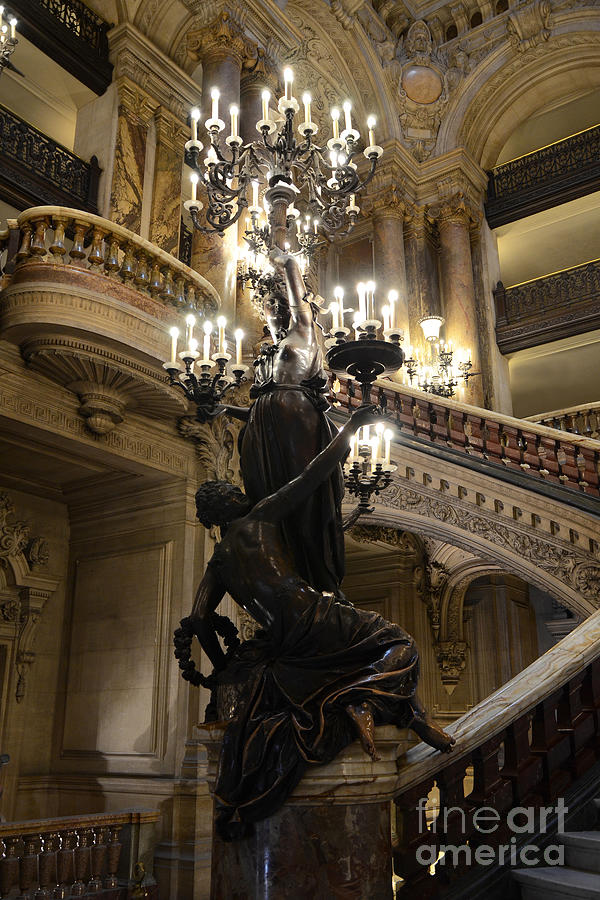 Paris Opera House Grand Staircase and Chandeliers - Paris Opera Garnier Statues and Architecture  Photograph by Kathy Fornal