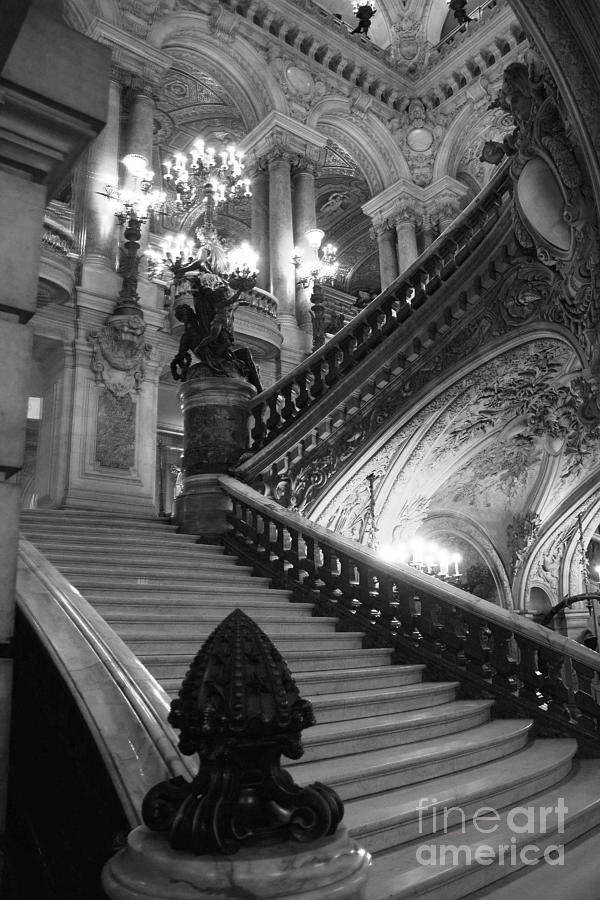 Paris Photograph - Paris Opera House Grand Staircase Black and White Art Nouveau - Paris Opera des Garnier Staircase by Kathy Fornal