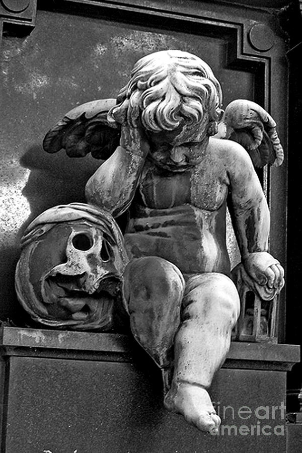 Paris Pere Lachaise Cemetery- Cherub Gothic Angel With Skull Photograph by Kathy Fornal