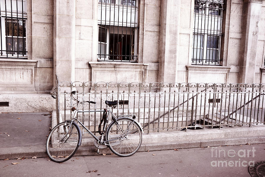 Paris Bicycle Street Art - Paris Dreamy Pink and Black Bicycle Street Scene Architecture Photograph by Kathy Fornal