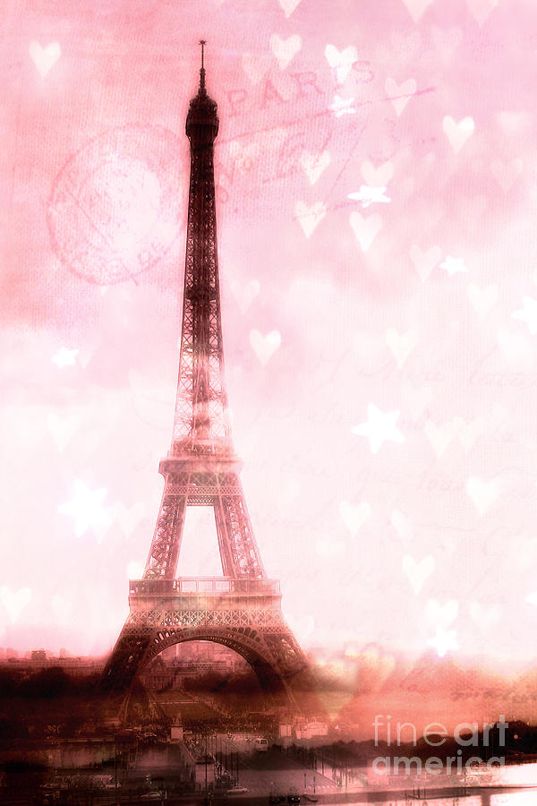 Paris Eiffel Tower Photograph - Paris Pink Eiffel Tower - Shabby Chic Paris Dreamy Pink Eiffel Tower With Hearts And Stars by Kathy Fornal