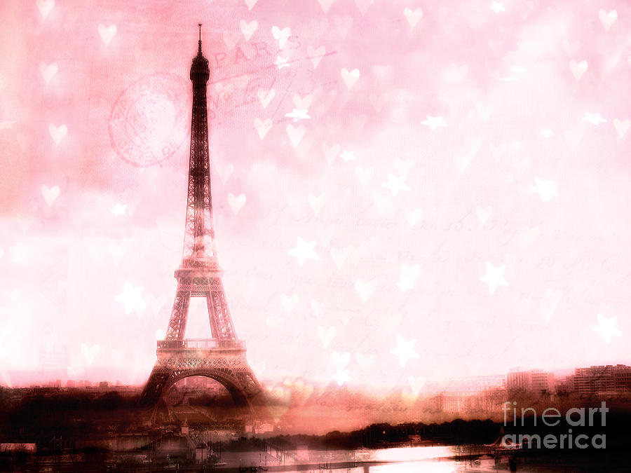 Paris Eiffel Tower Photograph - Paris Pink Eiffel Tower With Hearts and Stars - Paris Romantic Dreamy Pink Photographs by Kathy Fornal