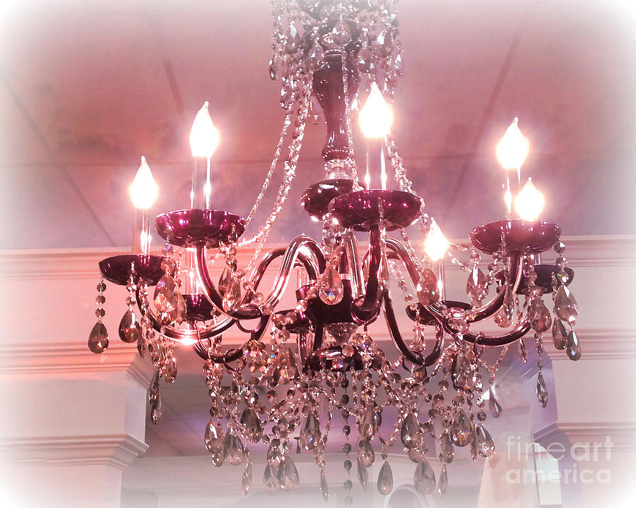 Paris Pink Romantic Chandelier - Sparkling Crystal Elegant Pink Chandelier Art  Photograph by Kathy Fornal