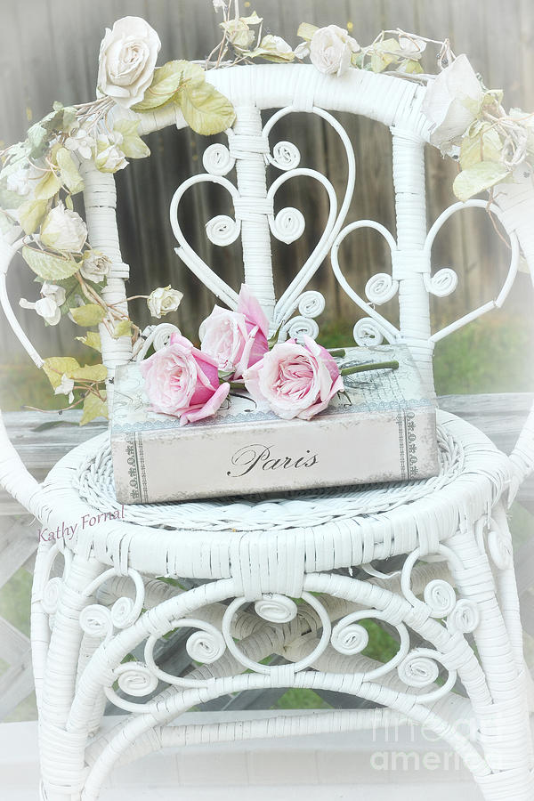 Paris Pink Roses Book White Garden Chair - Shabby Chic Paris Book and Roses - Memories of Paris Photograph by Kathy Fornal