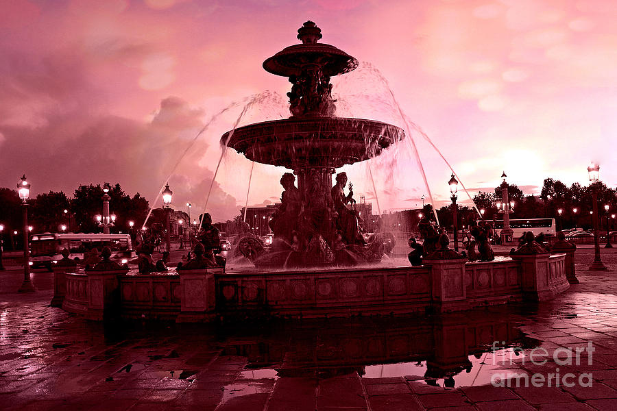 Paris Place de la Concorde Fountain - Paris Dreamy Surreal Pink Night Place de la Concorde  Photograph by Kathy Fornal