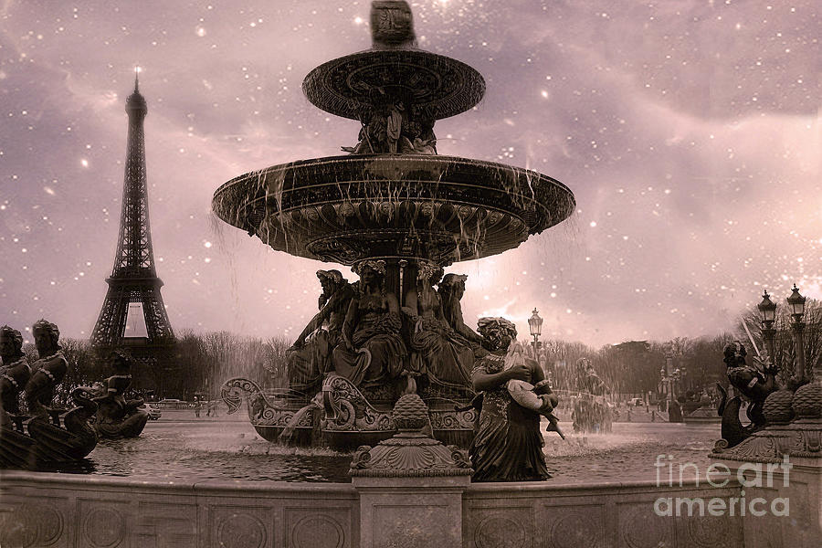 Paris Photograph - Paris Place de la Concorde Fountain Square - Paris Pink Place De La Concorde Fountain Starry Night by Kathy Fornal