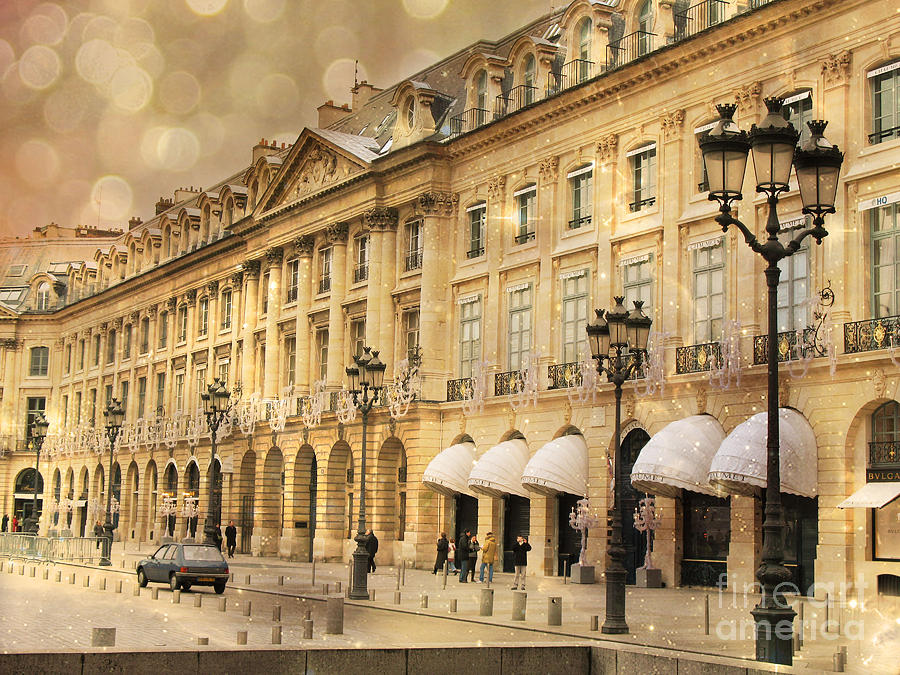 Paris Place Vendome Hotel Chaumet Architecture - Paris Hotel Street Lanterns - Paris Black and Gold  Photograph by Kathy Fornal
