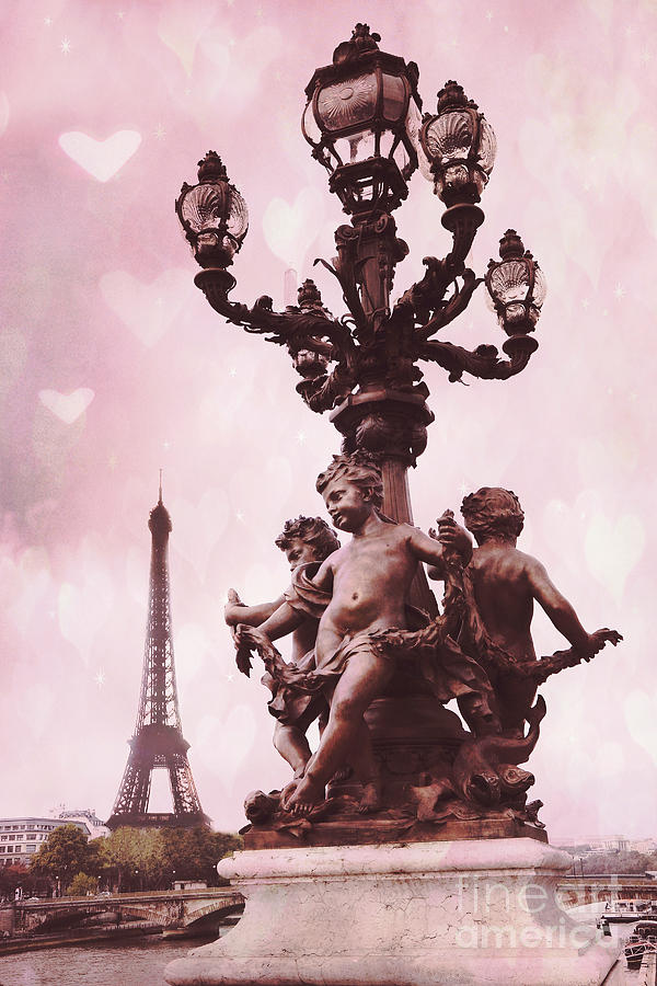 Paris Pont Alexandre Bridge III - Romantic Pink Eiffel Tower Valentine Hearts Cherubs and Lantern Photograph by Kathy Fornal