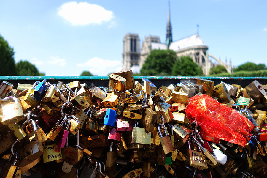 Paris pont des arts Love Locks with Notre Dame in the background Photograph by Toby McGuire