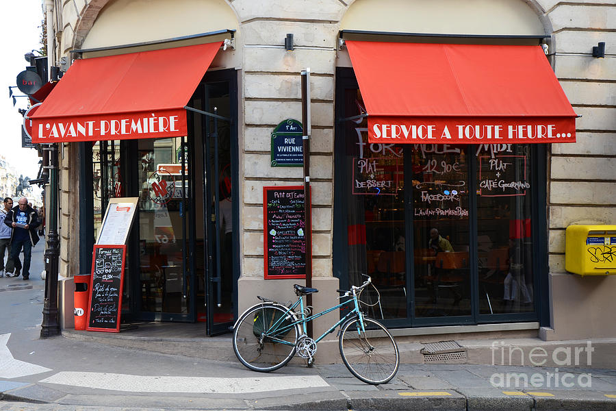 Paris Red Canopies and Bicycle Street Photography - Paris In Red Street Corner Photography  Photograph by Kathy Fornal