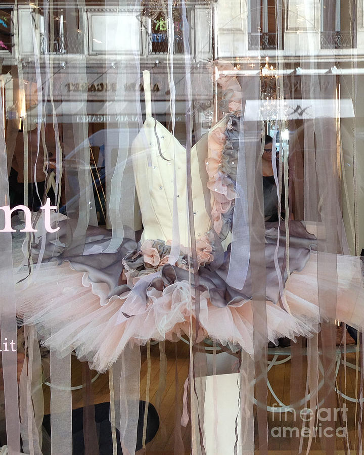 Paris Couture Photograph - Paris Repetto Ballerina Pink Cream Gray Tutu in Window - Paris Ballerina Dress In Window by Kathy Fornal