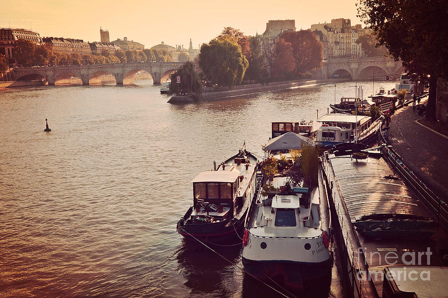 Paris Seine River Fall Autumn - Boats Along The Seine River Photograph by Kathy Fornal
