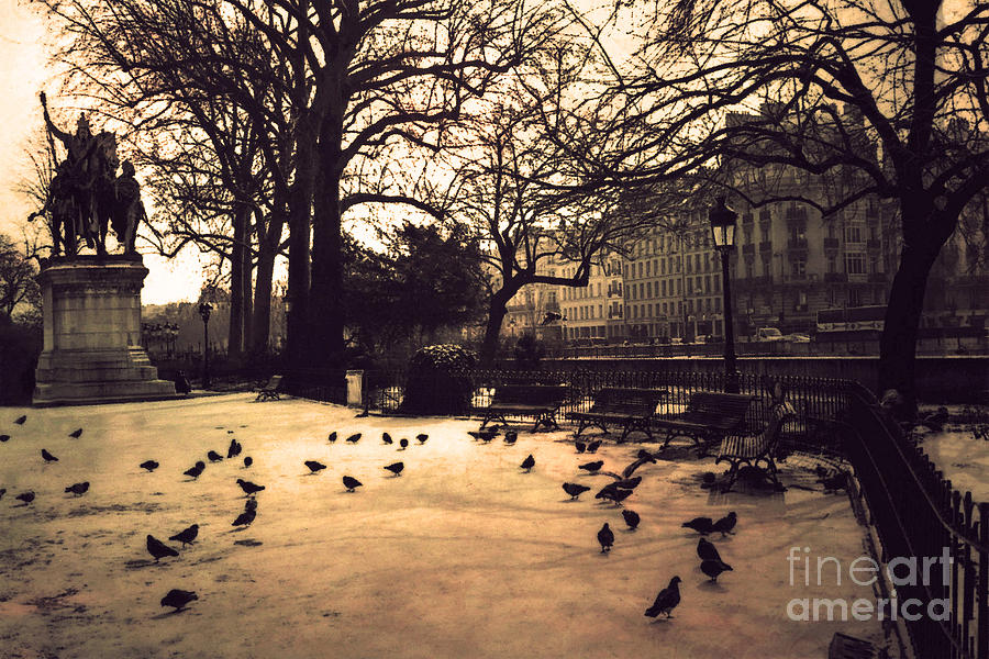 Paris Sepia Photography - Notre Dame Cathedral Courtyard Monuments Statues With Pigeons Photograph by Kathy Fornal