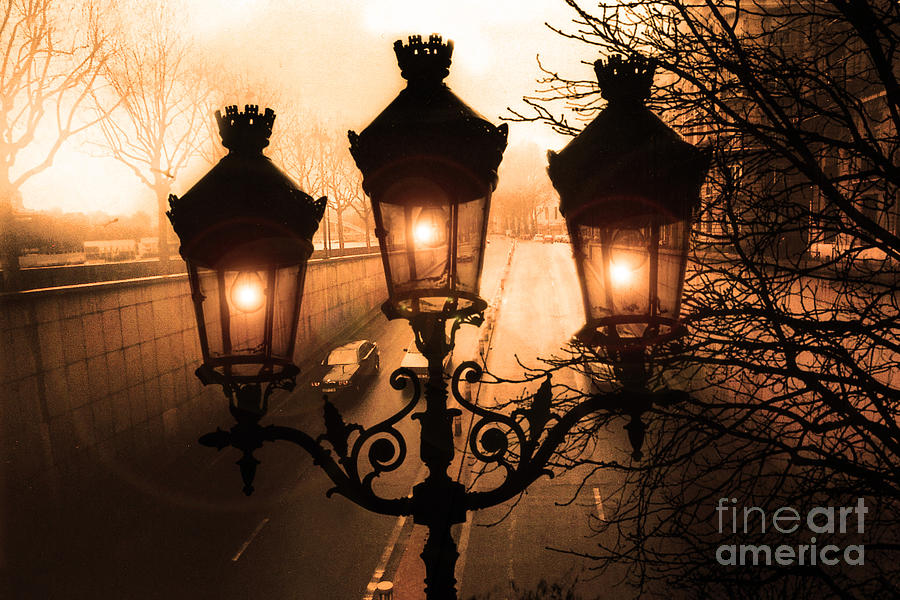 Paris Sepia Street Lanterns Lamps - Paris Sepia Autumn Fall Sparkling Sunset Night Lanterns  Photograph by Kathy Fornal