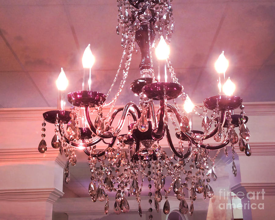 Paris Shabby Chic Dreamy Pink Sparkling Cyrstal Chandelier - Crystal Chandelier Sparkling Lights  Photograph by Kathy Fornal