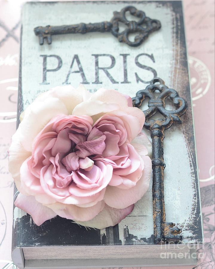 Paris Vintage Books Roses Key Art - Paris French Key Art - French Key Roses Decor Photograph by Kathy Fornal