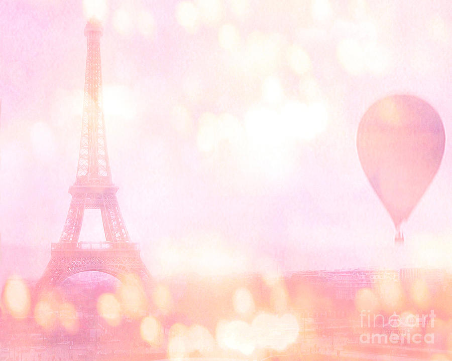 Paris Landmarks Photograph - Paris Shabby Chic Romantic Dreamy Pink Eiffel Tower With Hot Air Balloon by Kathy Fornal