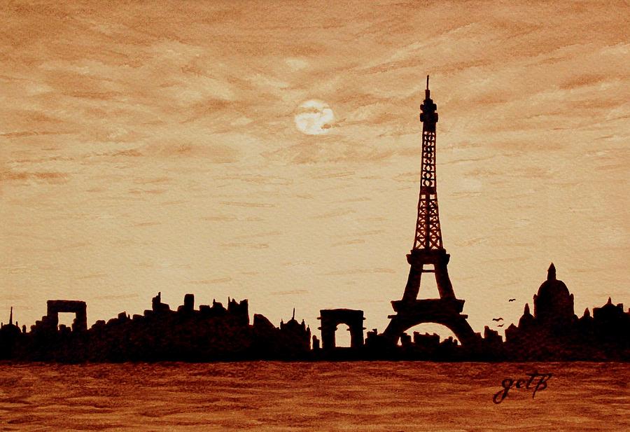 Paris Silhouettes under Moonlight coffee painting Painting by Georgeta  Blanaru