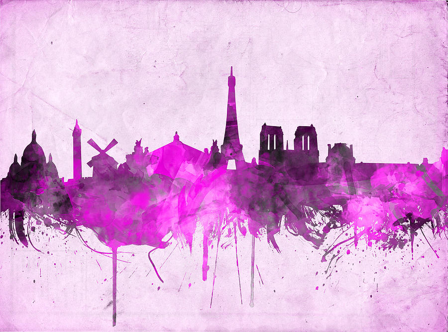 Paris Skyline Watercolor Purple Painting by Bekim M. Paris Skyline Watercol...
