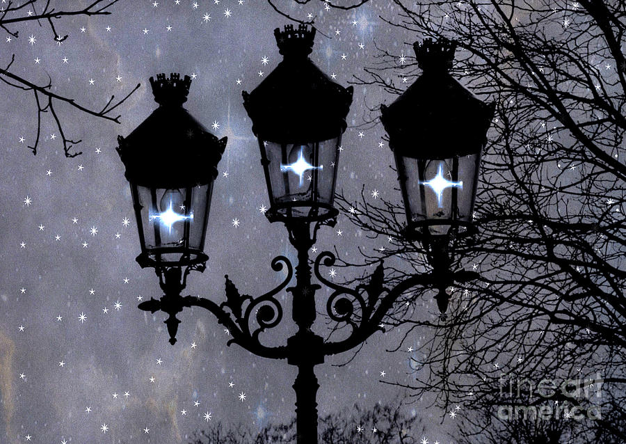 Paris Street Lights Lanterns - Paris Starry Night Dreamy Surreal Starlit Night Street Lamps of Paris Photograph by Kathy Fornal