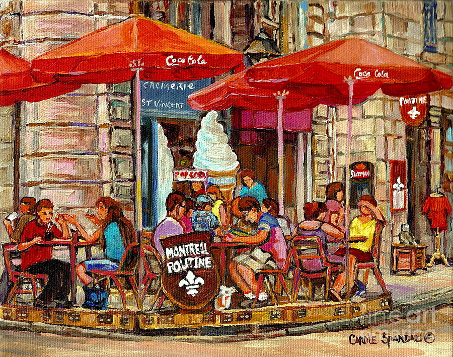 Paris Style Sidewalk Cafe Paintings Le Cremerie Bar Vieux Port Montreal Poutine Red Bistro Umbrellas Painting by Carole Spandau