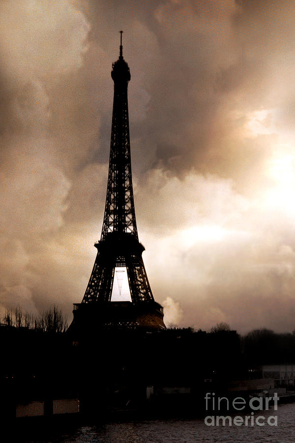 Paris Surreal Dreamy Eiffel Tower Sepia Print With Storm Clouds Photograph by Kathy Fornal