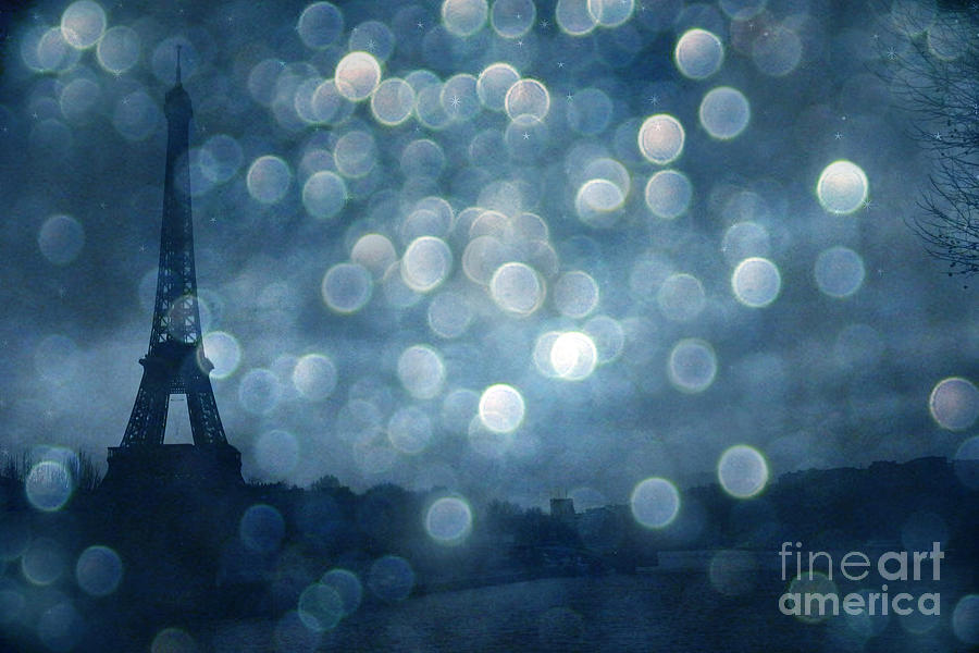 Paris Surreal Eiffel Tower Sapphire Blue Starry Night - Eiffel Tower Blue Stars Bokeh Night Sky  Photograph by Kathy Fornal