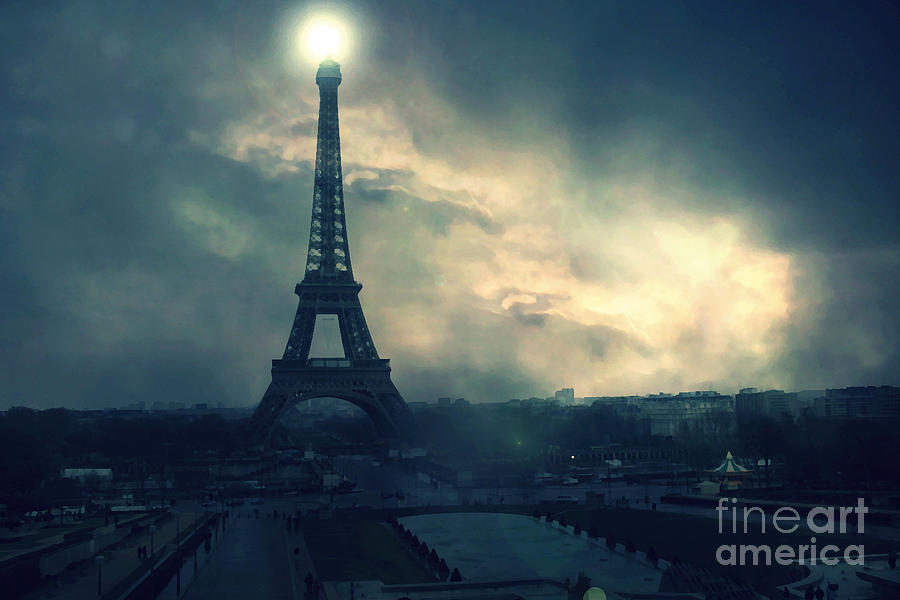 Paris Landmarks Photograph - Paris Surreal Eiffel Tower Storm Clouds Sun Setting - Teal Aqua Dark Green Eiffel Tower Landscape by Kathy Fornal