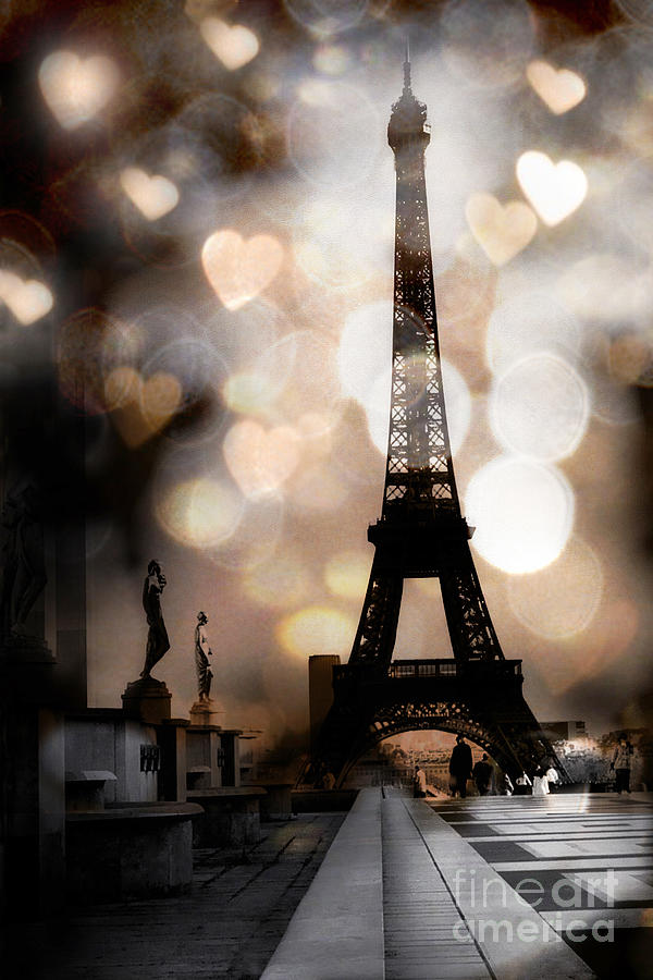 Paris Surreal Fantasy Sepia Black Eiffel Tower Bokeh Hearts and Circles - Paris Eiffel Tower Hearts  Photograph by Kathy Fornal