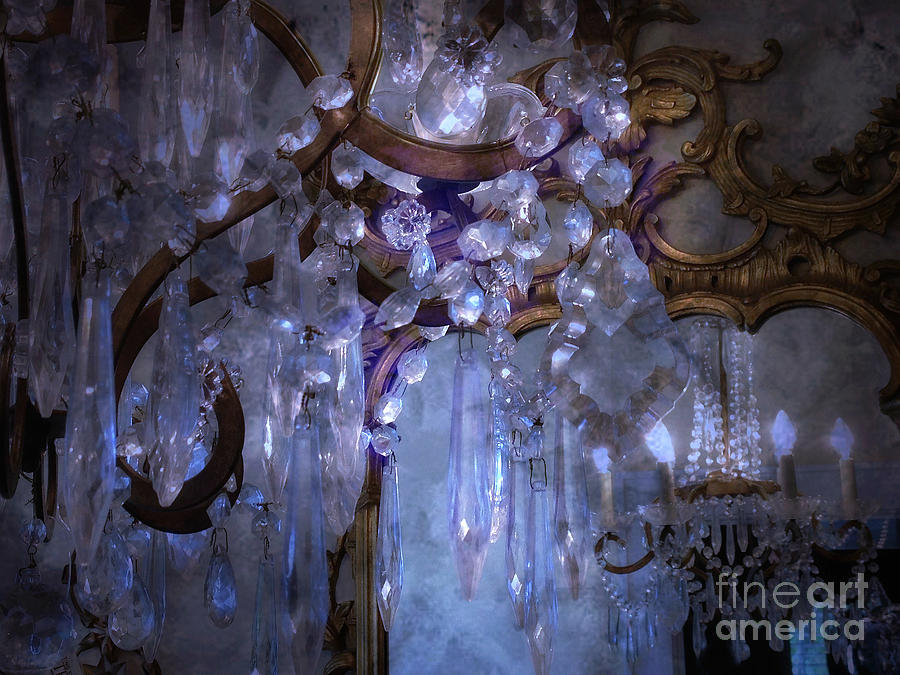 Paris Surreal Haunting Crystal Chandelier Mirrored Reflection - Dreamy Blue Crystal Chandelier  Photograph by Kathy Fornal