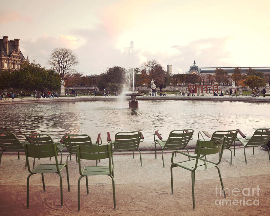 Paris Photograph - Paris Tuileries Garden Park Fountain Green Chairs - Paris Autumn Fall Tuileries - Autumn in Paris by Kathy Fornal