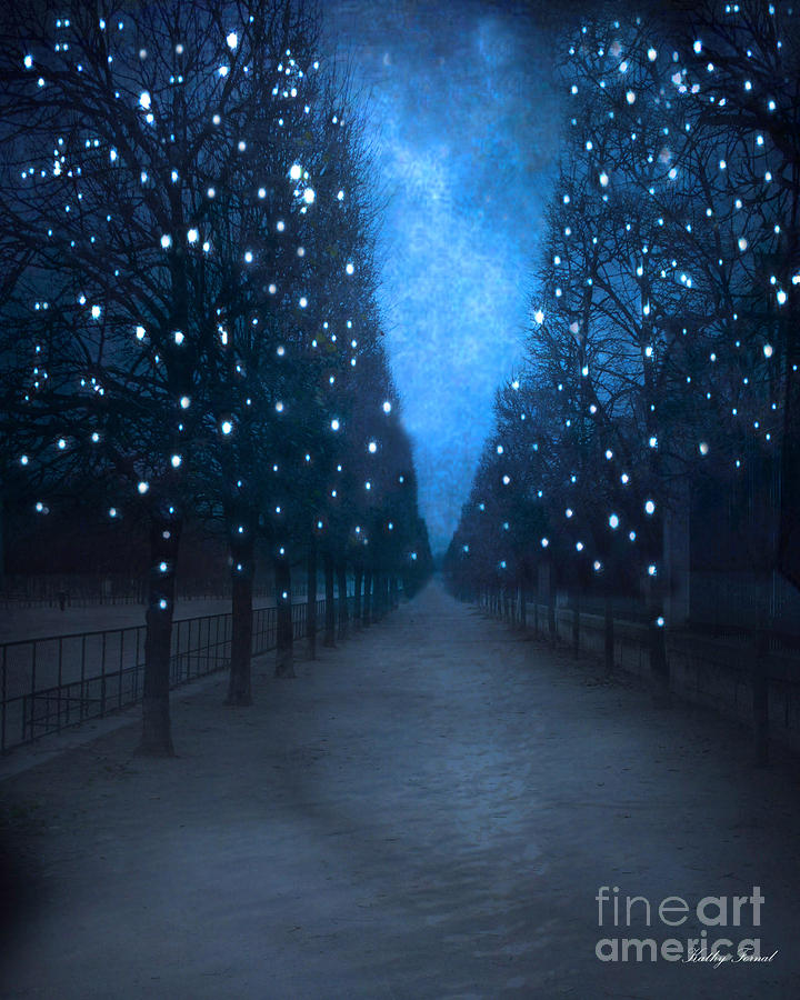 Paris Tuileries Trees - Blue Surreal Fantasy Sparkling Trees - Paris Tuileries Park Photograph by Kathy Fornal