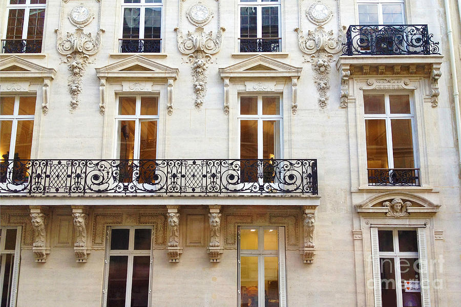 Paris Windows and Balconies - Winter White and Black Paris Windows Building Architecture Art Nouveau Photograph by Kathy Fornal