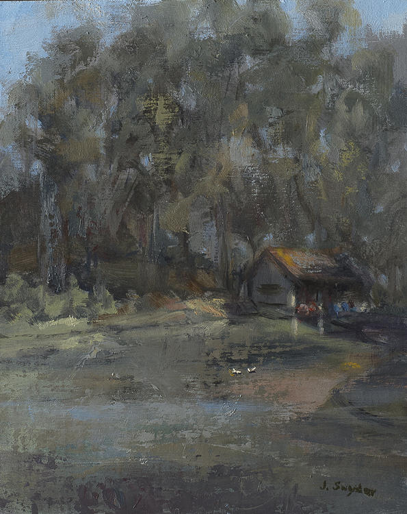 Landscape Painting - Park Pond and Boat House by Joyce Snyder