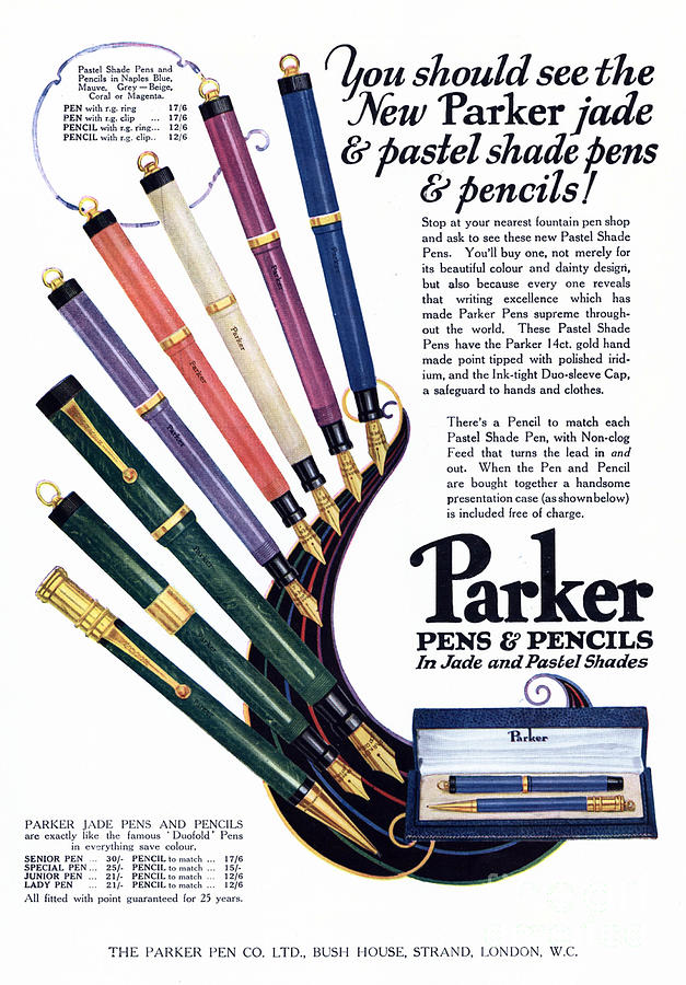 Parker 1920s Uk Pens Pencils Drawing by The Advertising Archives | Fine ...