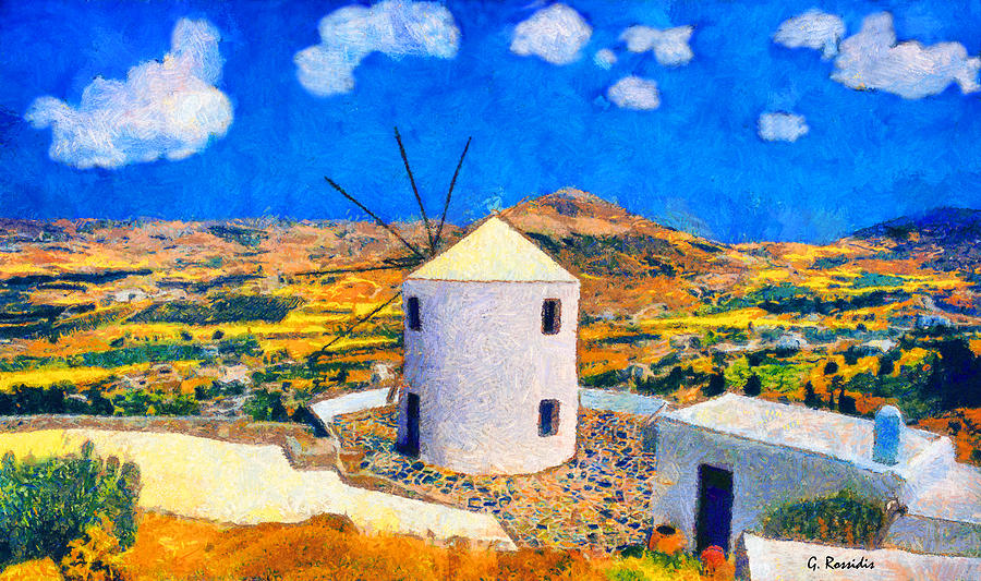Paros windmill Painting by George Rossidis