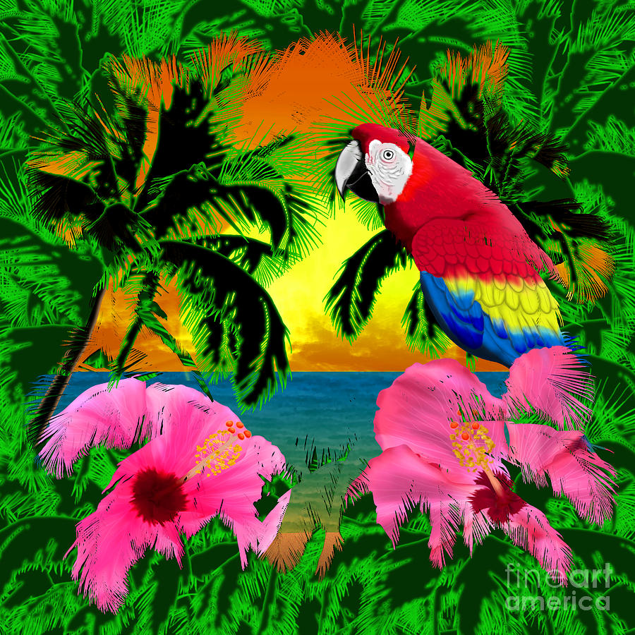 Parrot Digital Art - Parrot And Island Sunset by Chris MacDonald