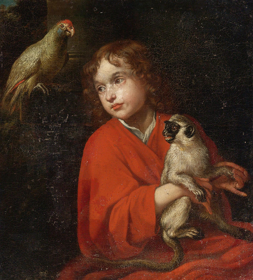 Parrot watching a Boy holding a Monkey Painting by Jacob van Oost the Elder