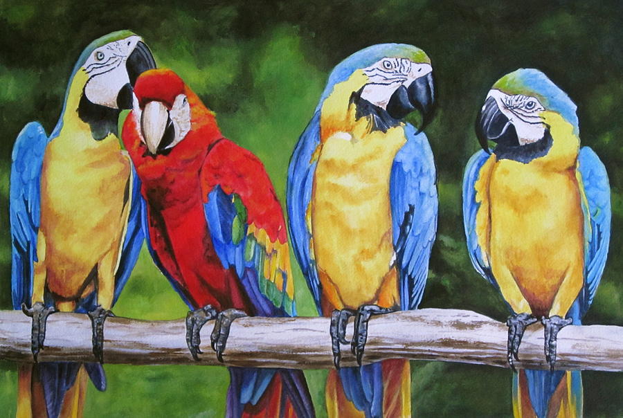 Wildlife Painting - Parrots Party line by Lillian  Bell